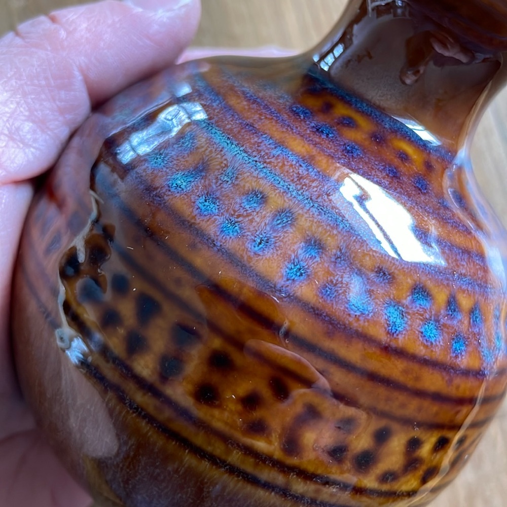 Pre-Owned 4 1/2” Vintage Brown With a Touch Of Blue Glaze Art Pottery Vase